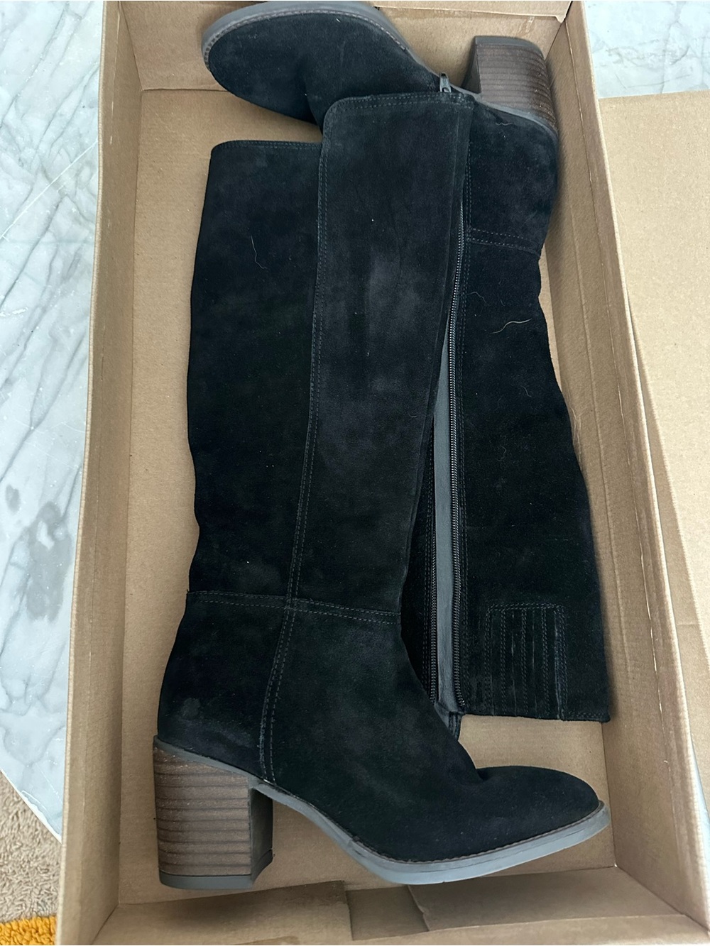 Lucky Brand Black Suede Knee-High Block Heel Boots